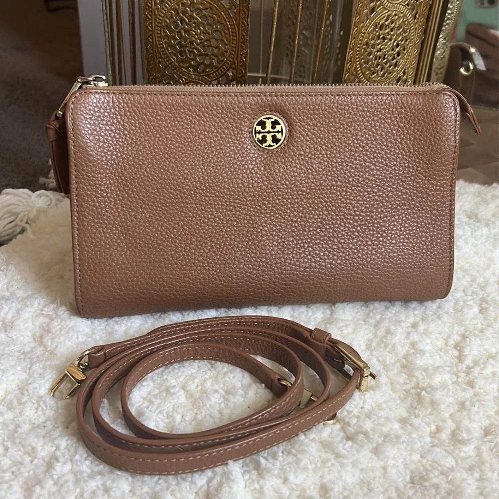 Tory Burch Brown Pebbled Leather Crossbody Wallet with Gold Logo